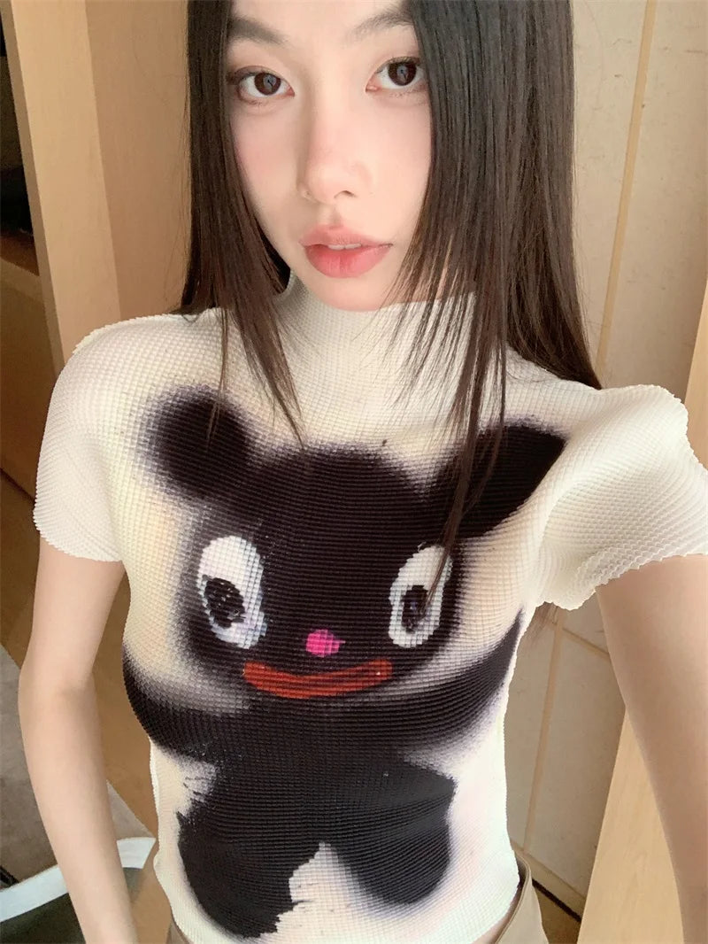 Cheerart Y2K Moda Crop Top Piega Da Donne Estate Manica Corta Kawaii Cartoon T Shirt Abbigliamento
