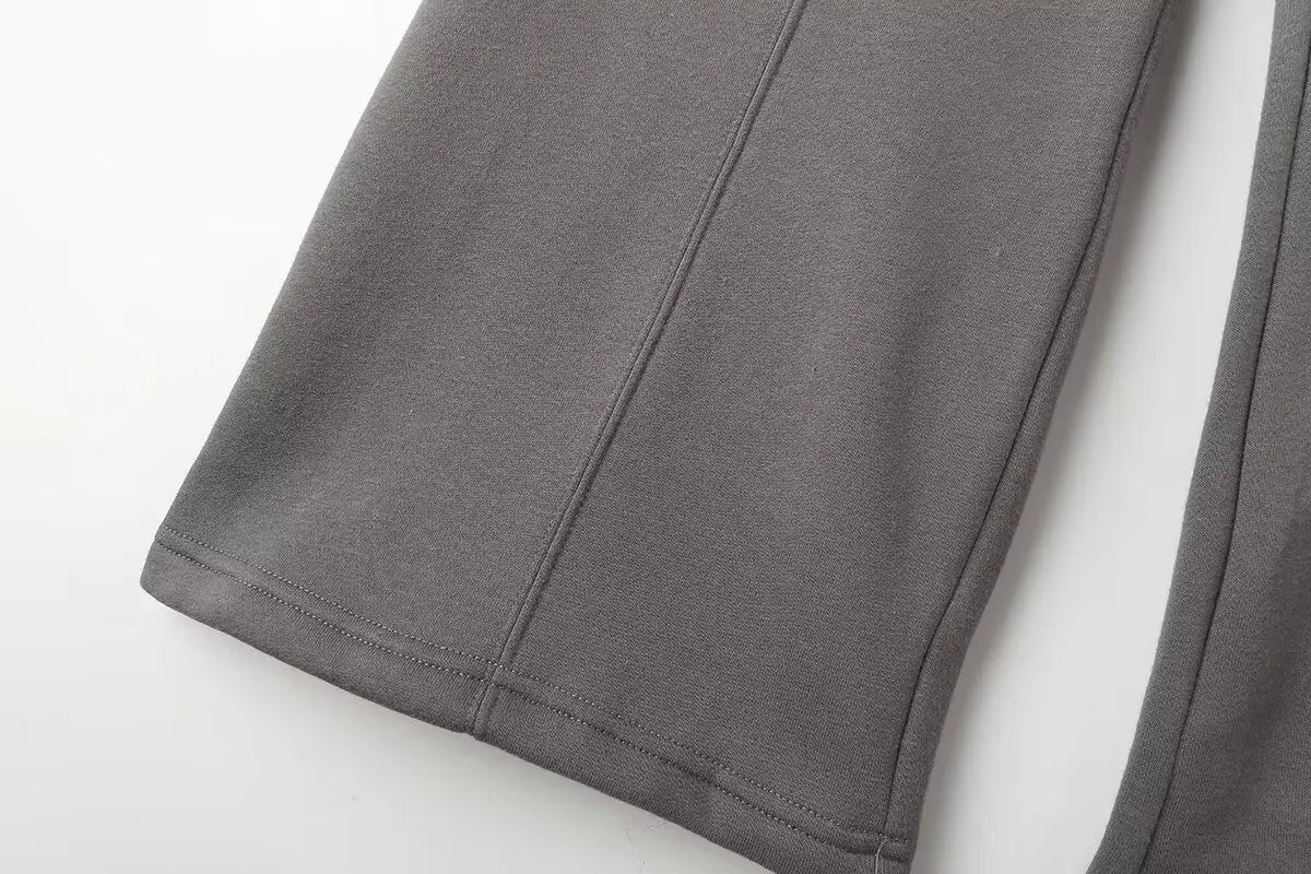 Giacche Bomber Donna Autunno 2 Pezzi Retro Tinta Unita Con Zip Pantaloni A Gamba Larga Con Lacci A Vita Alta Street Wear