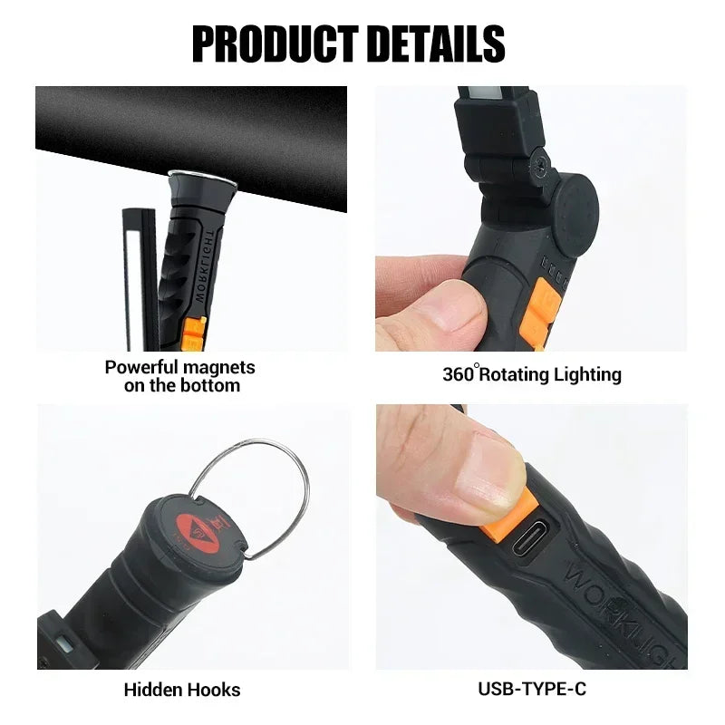 Torcia Portatile A LED COB Ricaricabile USB Lanterna Magnetica Con Batteria Incorporata Per Campeggio E Lavoro