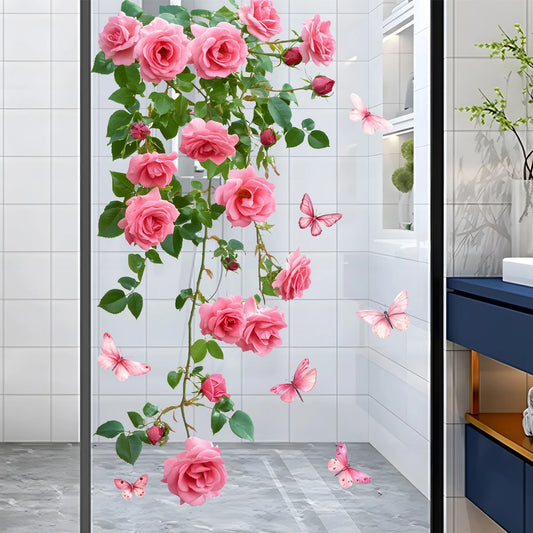 1PC Decalcomania per finestra fiore vite, design rosa rosa e farfalla, adesivo da parete bagno soggiorno camera da letto, decorazione da parete porta in vetro