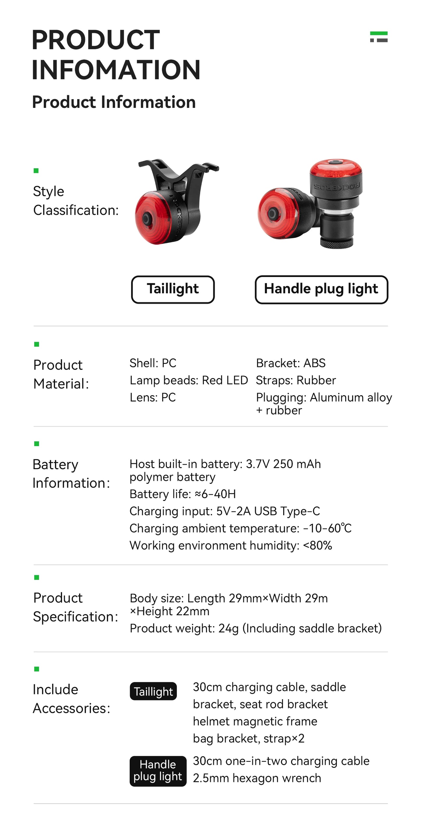 Luce Terminale Per Barra Bicicletta ROCKBROS IPX6 Luce Posteriore Con 5 Modalità E Sensore Freno Per Sicurezza Notturna