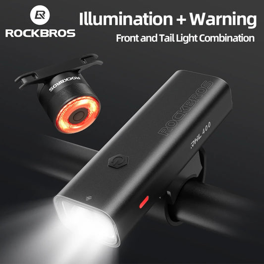 ROCKBROS Luce Frontale Per Bicicletta Ricaricabile Tipo C Impermeabile IP66 Portata 200M Con Fanale Posteriore