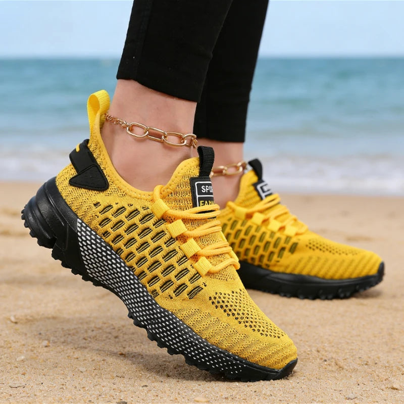 Nuove Sneakers Gialle Lavorate A Maglia Per Donna Traspiranti Leggere Antiscivolo Scarpe Da Corsa E Passeggio Esterno