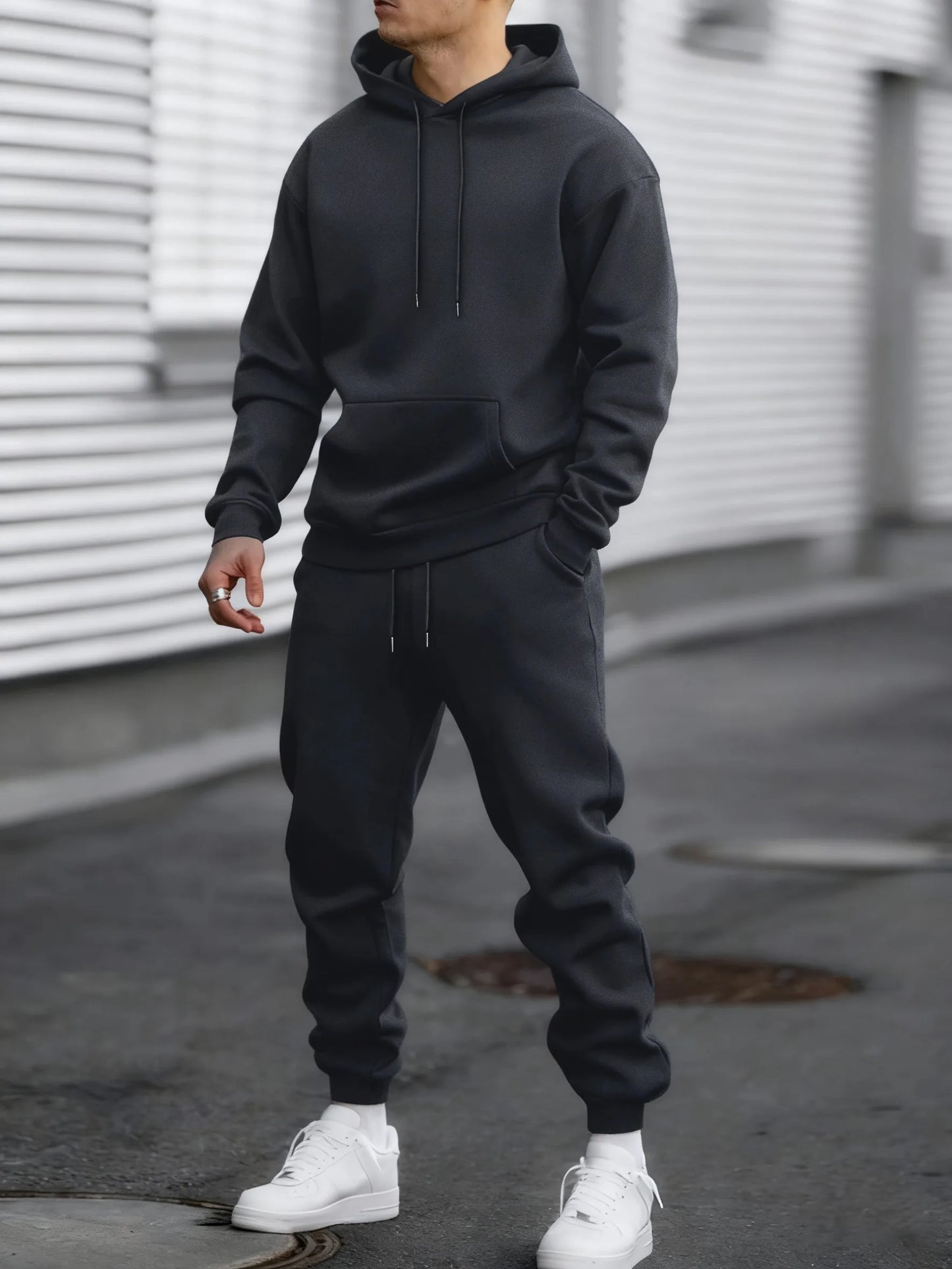 Jogging Solido Nuovo Da Uomo Streetwear All Match Felpa Con Cappuccio Pantaloni Sportivi In Pile Abiti Larghi Autunno