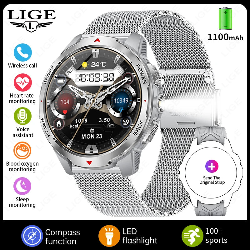 LIGE Smartwatch Da Uomo Bluetooth Chiamata Impermeabile 3ATM Batteria 1100mAh Bussola Esterna Per Sport Fitness