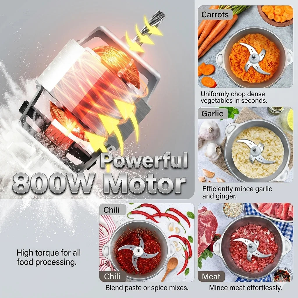 Tritacarne Elettrico 800W 3L Multifunzione Robot Da Cucina In Acciaio Inox Verdure Chopper Affettatrice Macchina Casa