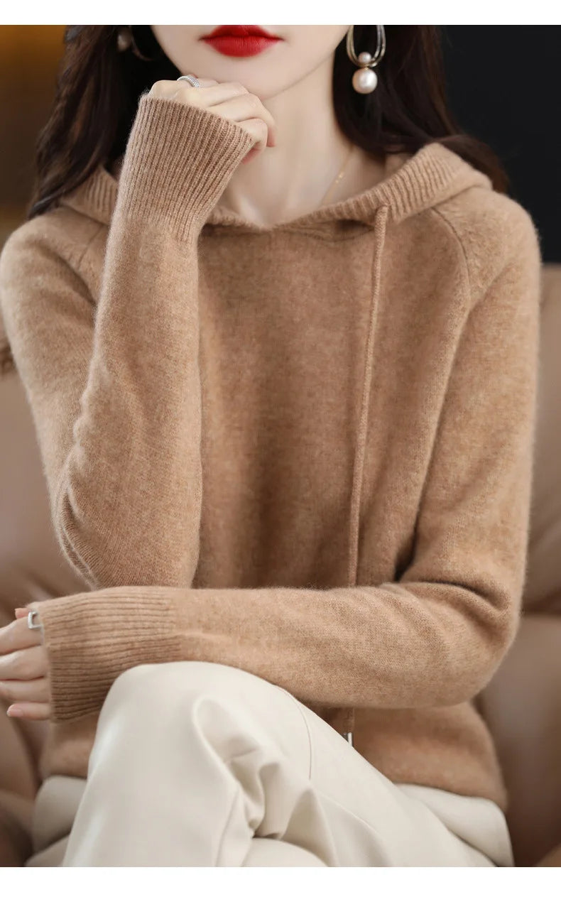 Maglione Con Cappuccio Donna Autunno Inverno Maniche Lunghe Tinta Unita Felpa Lavorata A Maglia Con Coulisse Allentate