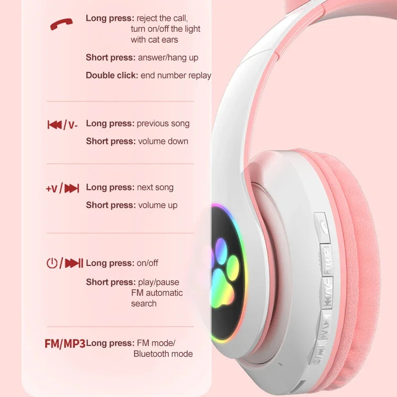 Lampada Cuffie Orecchie Di Gatto Bluetooth 5 0 Stereo Microfono Slot TF Auricolare Wireless Ragazze Bambini Regalo