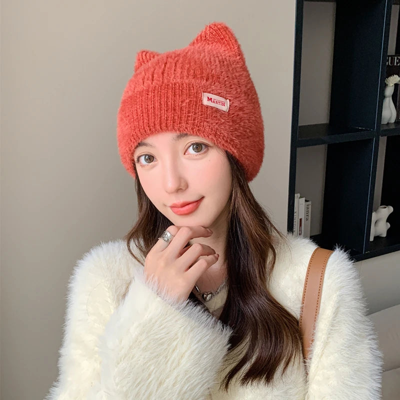 Cappello Invernale Femminile con Orecchie da Gatto Pelliccia Sintetica Lavorato a Maglia Stile Kpop Morbido Berretto
