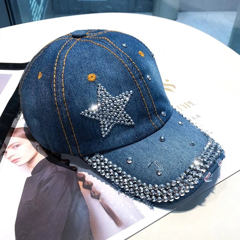 Berretto Da Baseball Da Donna In Denim Con Stella Di Strass Regolabile Snapback Con Visiera Alla Moda