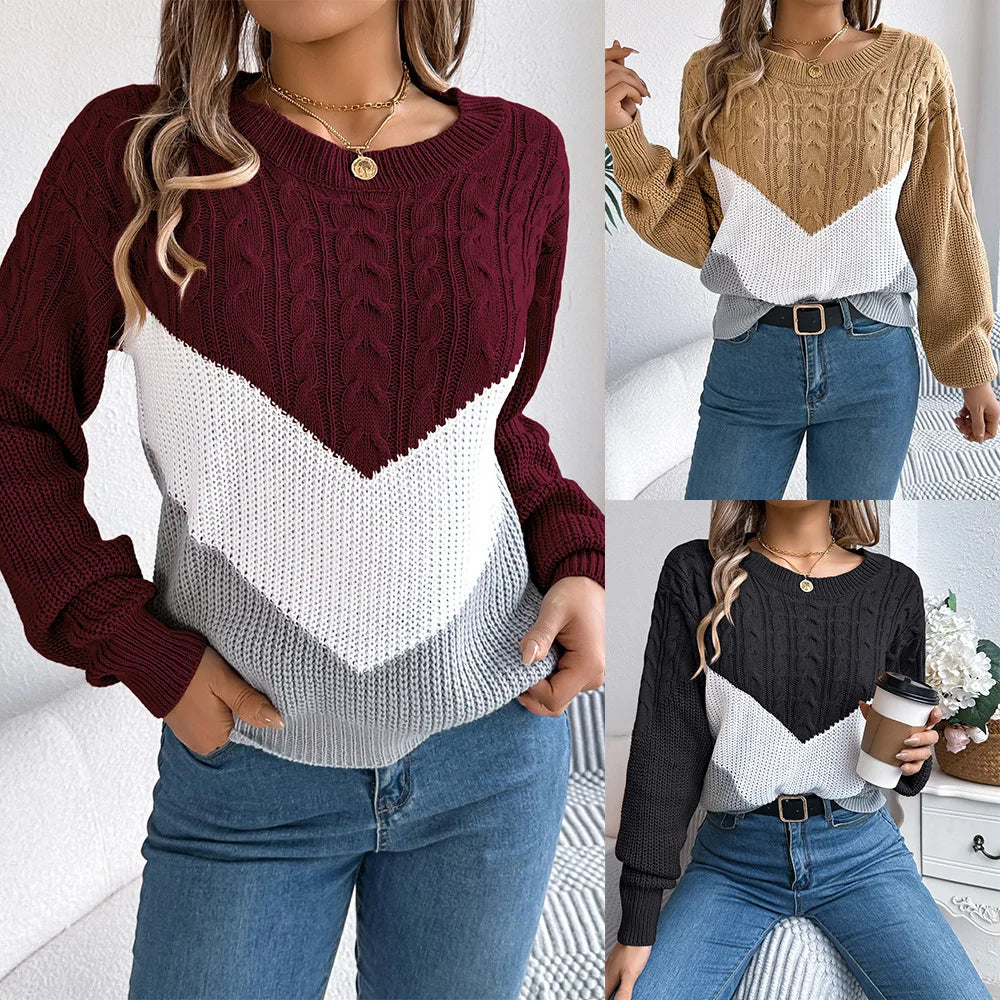 Pullover Lavorato A Maglia Autunno Inverno Color Block Manica Lanterna Collo A O Jersey Donna Elegante