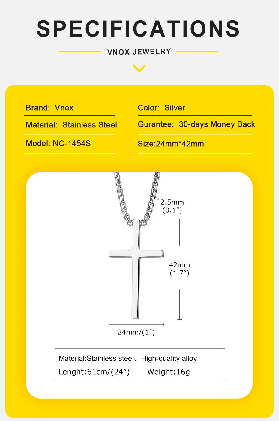Collana Con Croce Vnox In Acciaio Inossidabile Catena A Scatola Argento Nero Per Uomo E Donna Lunghezza 55 Cm O 60 Cm