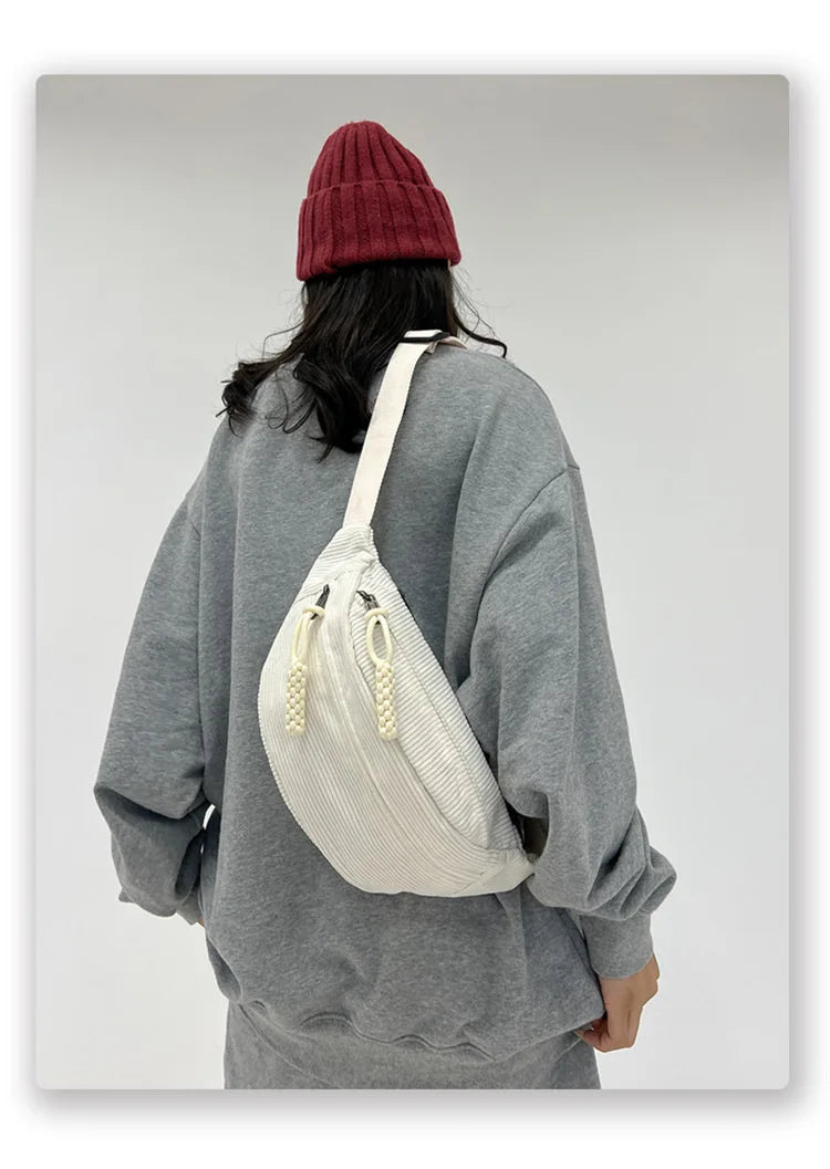 Marsupio da Donna in Velluto a Coste di Grande Capacità Borsa da Petto Stile Street Borsa a Tracolla Cintura Casual