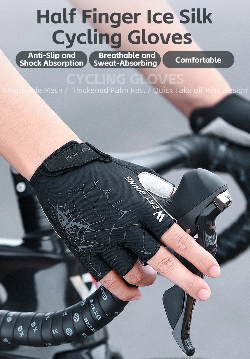 West Biking Guanti da Ciclismo Mezze Dita Spider Pattern Estivi Touch Screen per Bici da Strada e Mountain Bike