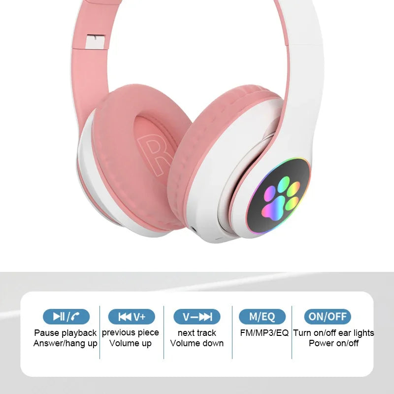 Lampada Cuffie Orecchie Di Gatto Bluetooth 5 0 Stereo Microfono Slot TF Auricolare Wireless Ragazze Bambini Regalo