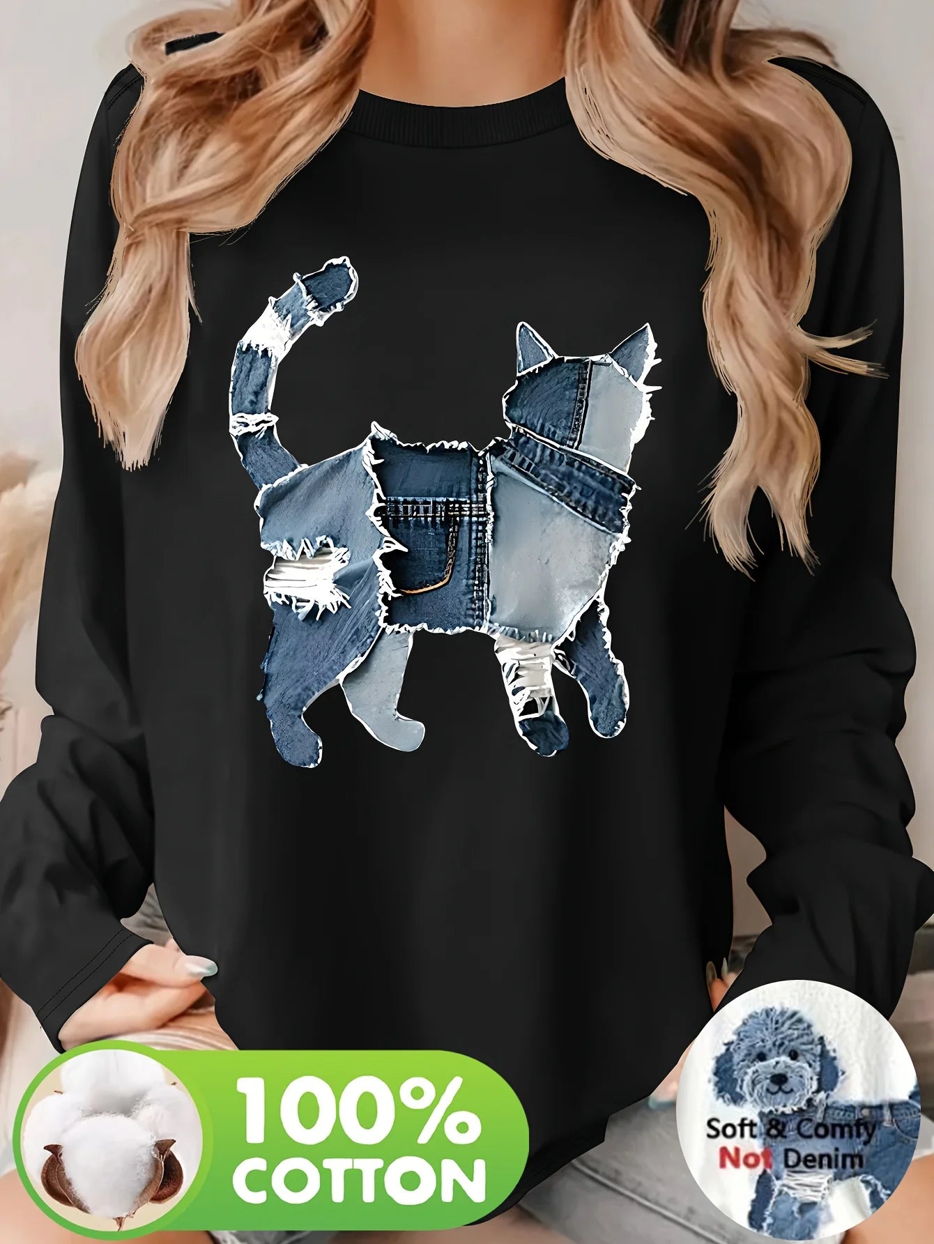 T Shirt Da Donna Autunno Inverno 100 Percento Cotone Con Stampa Cuore Girocollo Maniche Lunghe