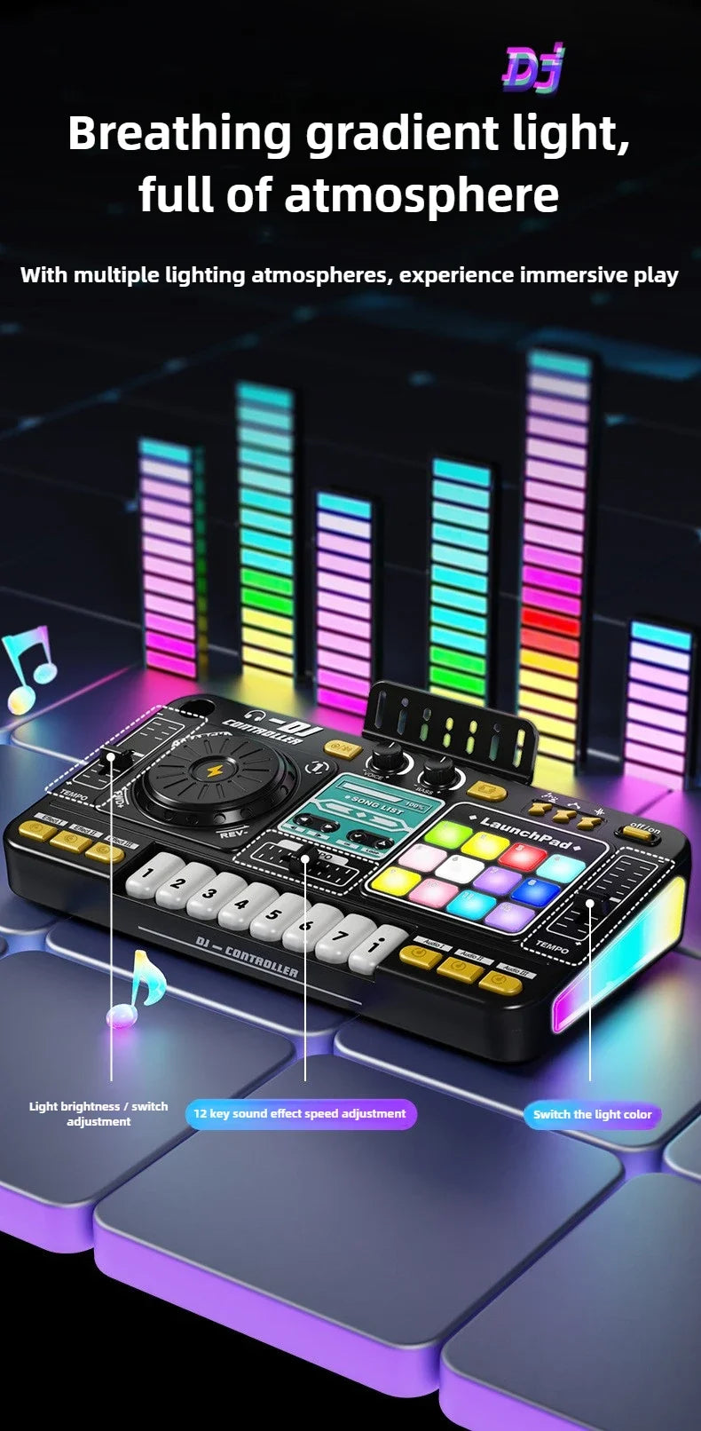 Controller DJ per bambini Mixer giocattolo musicale con microfono Luce a LED Gioco musicale elettronico Giradischi DJ per regali di compleanno per bambini