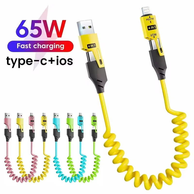 Cavo USB A Molla 4 In 1 Per Caricabatterie Rapido Da 65 W Tipo C 6A Per iPhone iPad MacBook Huawei