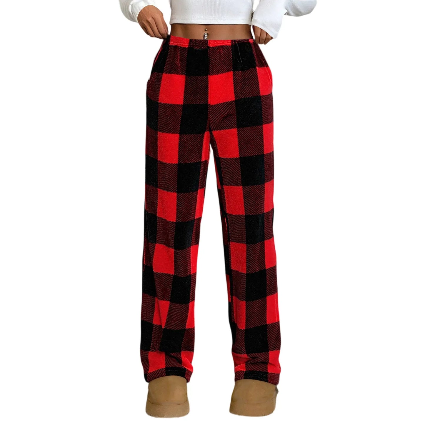 Pantaloni Del Pigiama Da Donna Con Vita Elastica E Scozzesi In Pile Morbidi Con Tasche Peluche