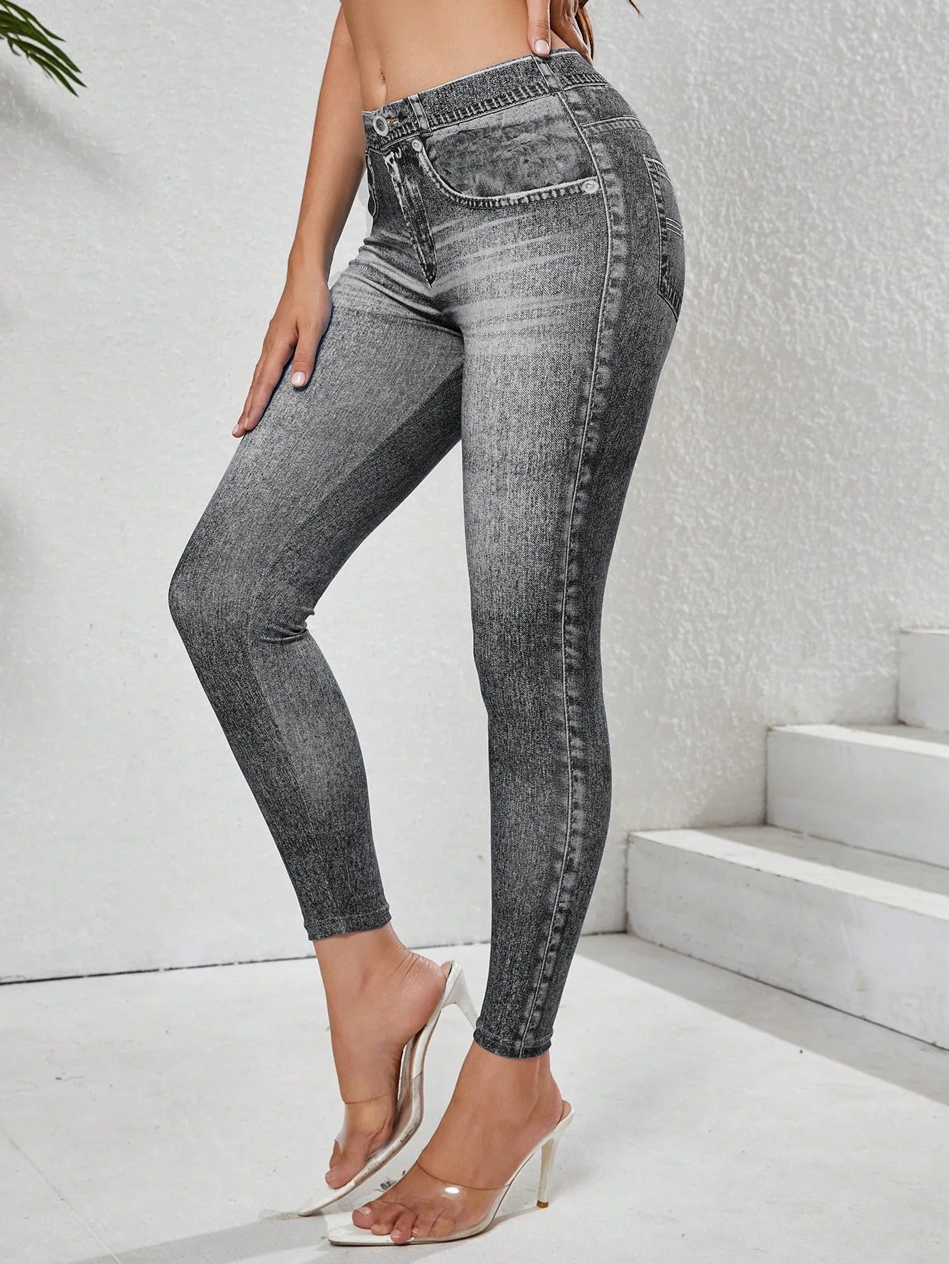 Leggings Denim Imitazione Da Donna Con Tasche Pantaloni Yoga Palestra Comfort Elasticizzati Da Indossare Ogni Giorno