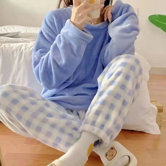 Pigiama Da Donna Caldo In Pile Set Pigiama Invernale Morbido Top Solido E Pantaloni Scozzesi Per Casa