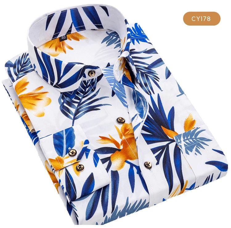 Camicia Da Uomo Maniche Lunghe Stampa Color Block Elasticizzata Con Bottoni Per Vacanze Estive In Spiaggia