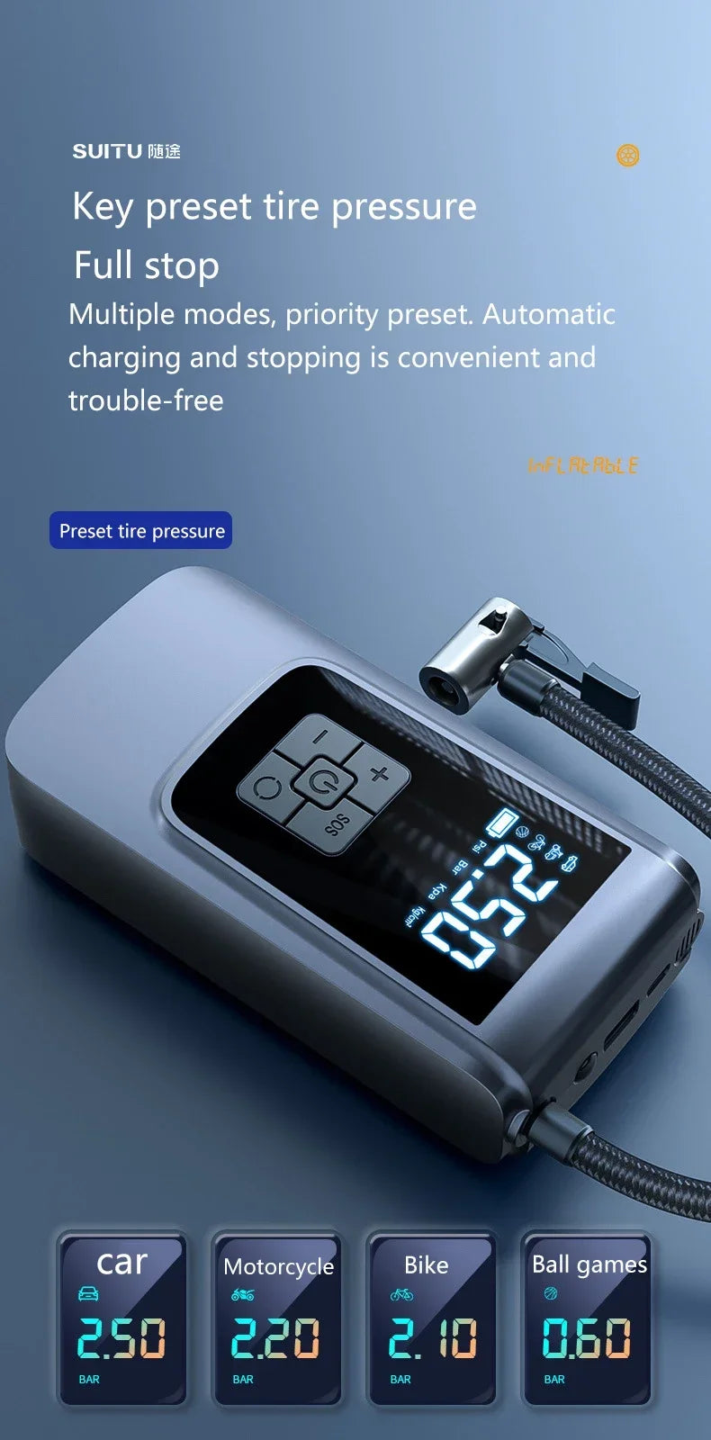 Gonfiatore Elettrico Per Pneumatici Con Compressore Portatile Senza Fili Con Display LCD Per Auto Moto Palle Bicicletta
