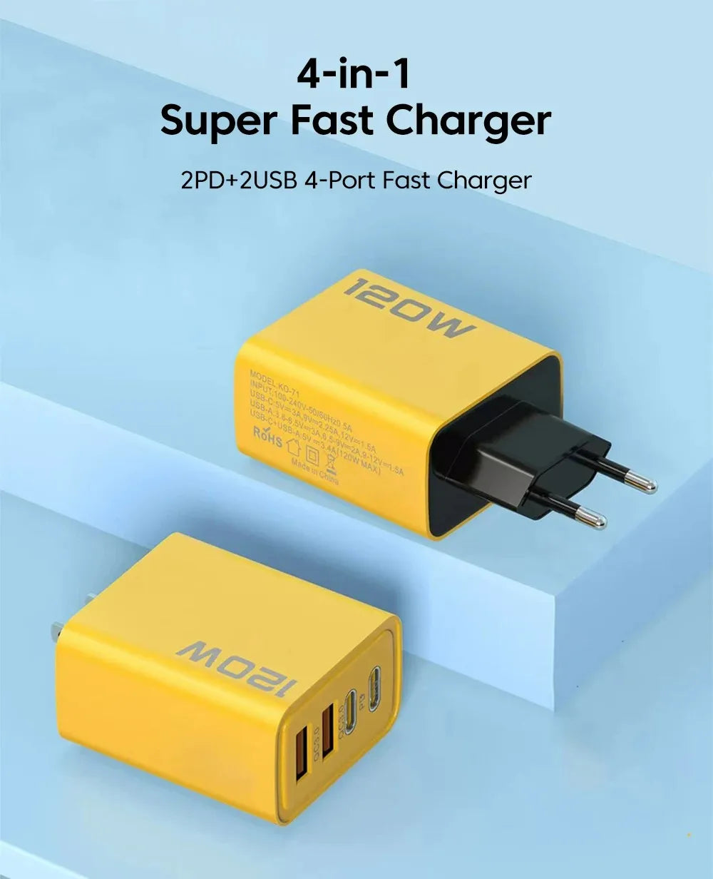 Caricatore USB C PD GaN a Quattro Porte da Parete 120W Ricarica Rapida per IPhone 16 15 14 Samsung Huawei
