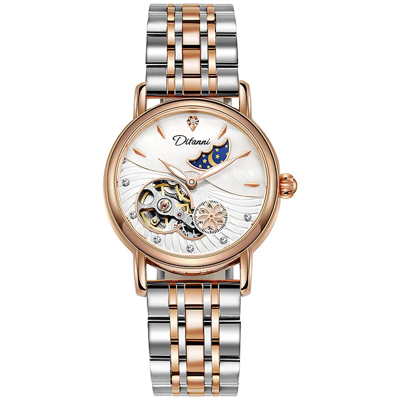 Orologio Da Donna Automatico Impermeabile Con Fasi Lunari E Fiori Girevoli Lusso Di Marca Pregiata