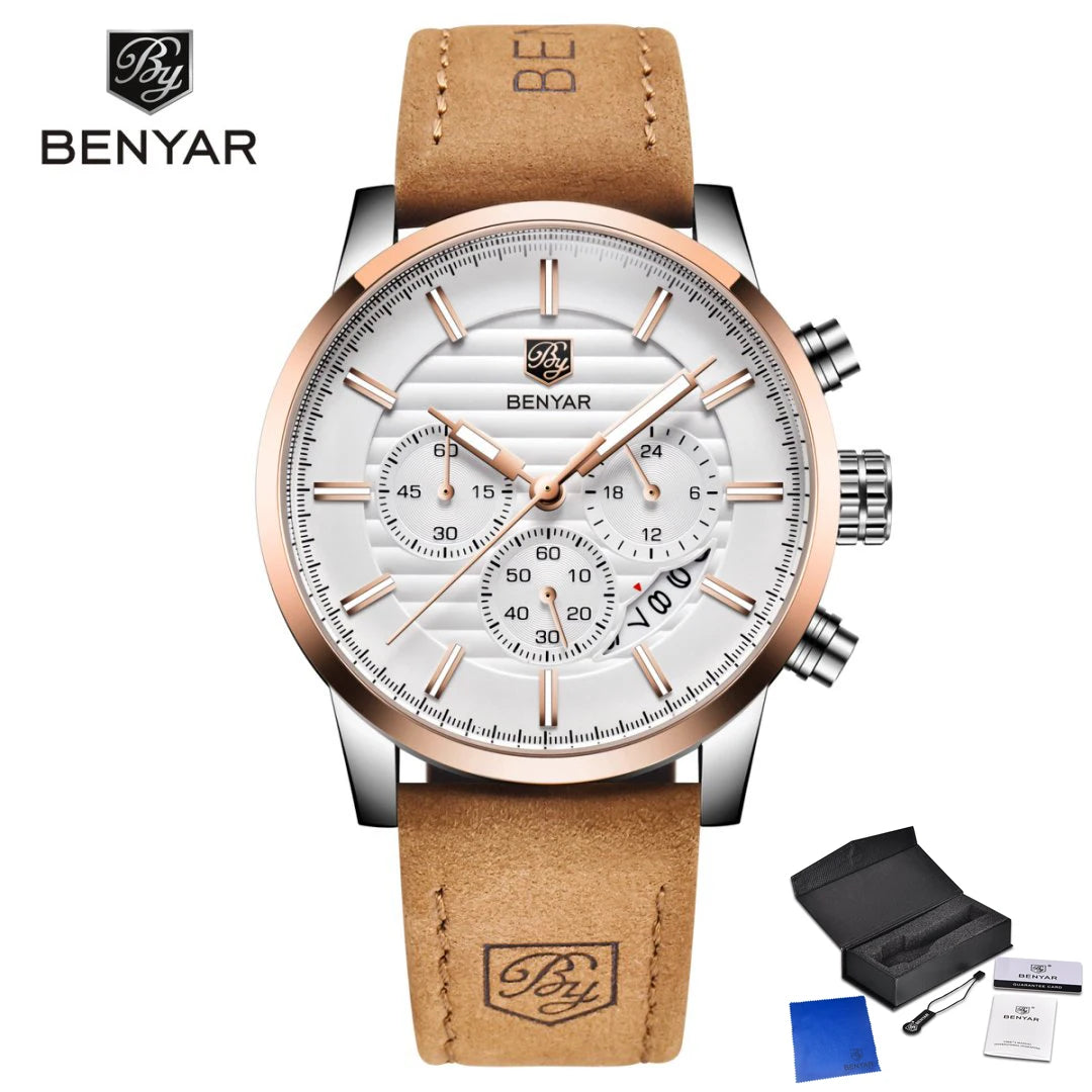 Orologio Da Uomo BENYAR Al Quarzo In Pelle Impermeabile Multifunzione Cronografo calendario Resistente Agli Urti