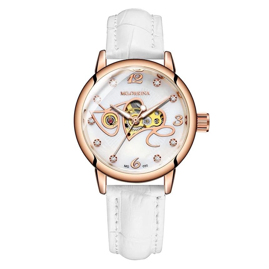 Orologio Meccanico Automatico Da Donna Orkina Classico Scheletrato Lusso Cinturino In Acciaio Inossidabile E Pelle