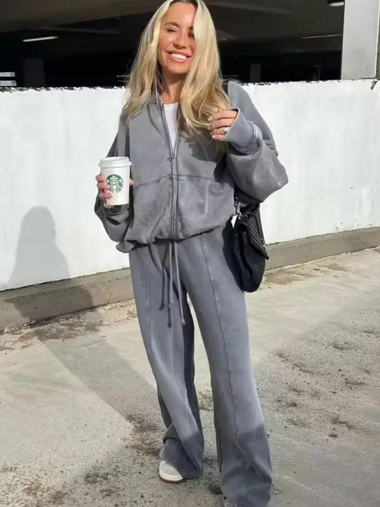Giacche Bomber Donna Autunno 2 Pezzi Retro Tinta Unita Con Zip Pantaloni A Gamba Larga Con Lacci A Vita Alta Street Wear