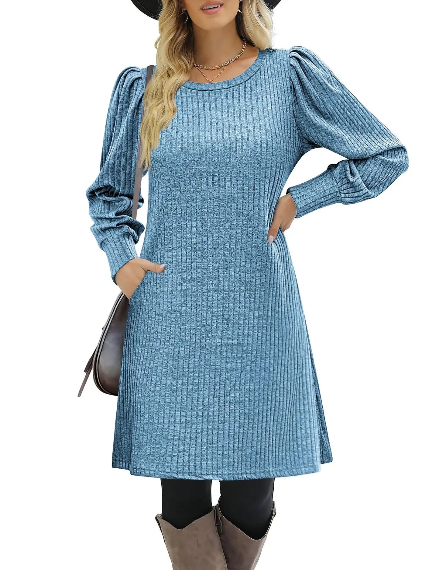 Abito da Donna in Maglia con Maniche a Palloncino e Tasche Laterali Autunno Inverno Comfort Quotidiano