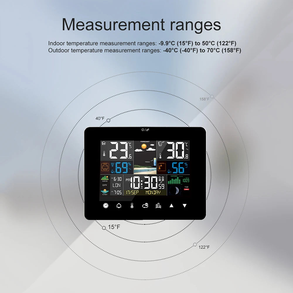 Stazione Meteo Multifunzionale Sveglia Touch Screen Termometro Igrometro Con Sensore Wireless Alba Tramonto Igrotermografo