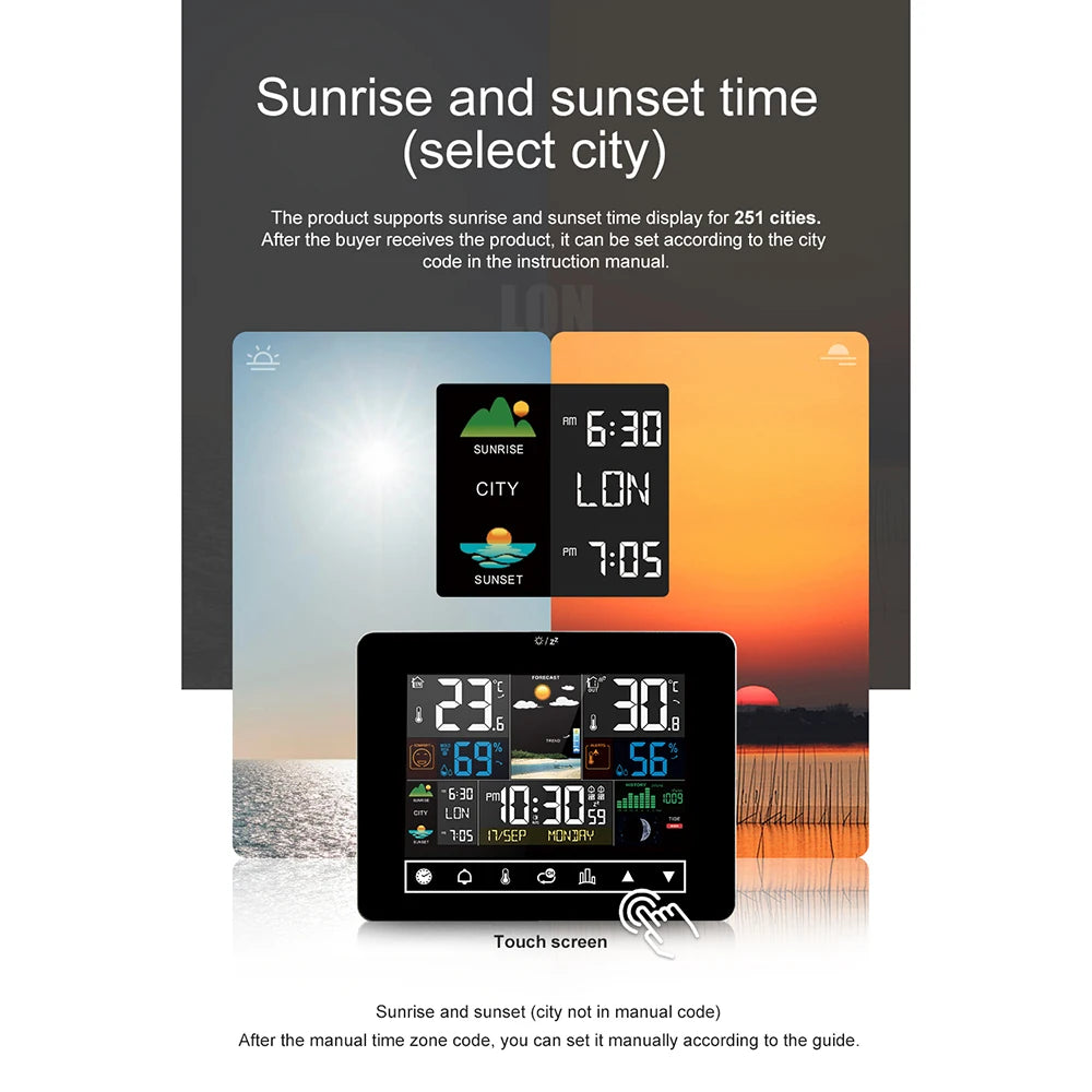 Stazione Meteo Multifunzionale Sveglia Touch Screen Termometro Igrometro Con Sensore Wireless Alba Tramonto Igrotermografo