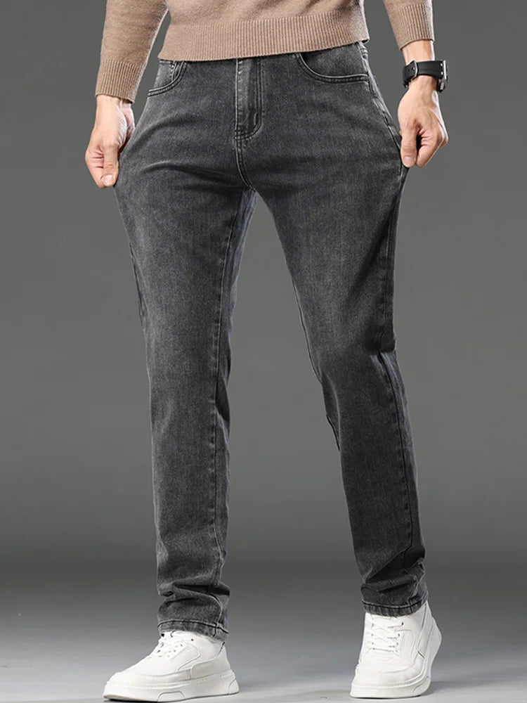 Jeans Uomo Slim Fit A Gamba Dritta Stile Europeo Pantaloni Lunghi Elasticizzati Casual Da Lavoro Versatili