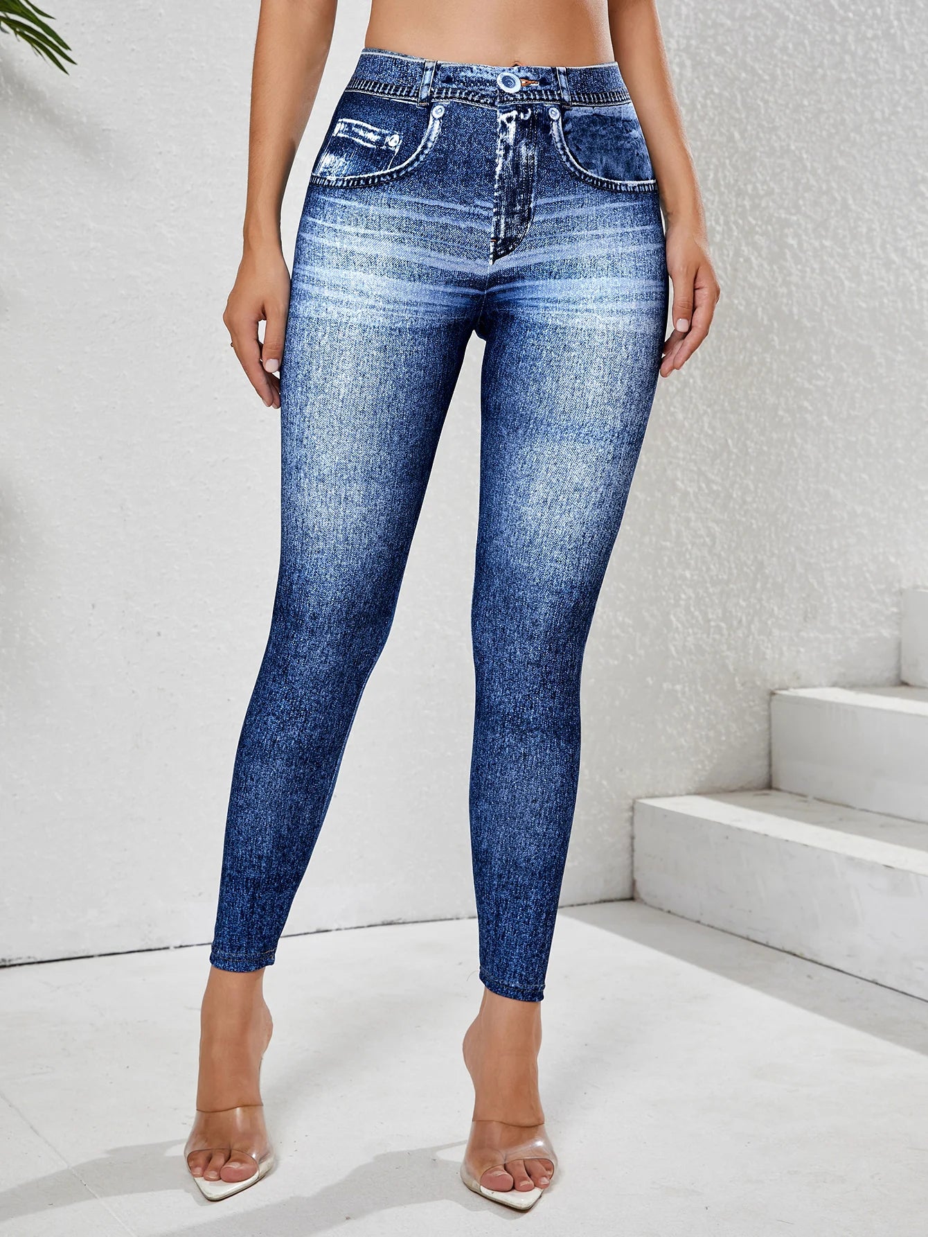Leggings Denim Imitazione Da Donna Con Tasche Pantaloni Yoga Palestra Comfort Elasticizzati Da Indossare Ogni Giorno
