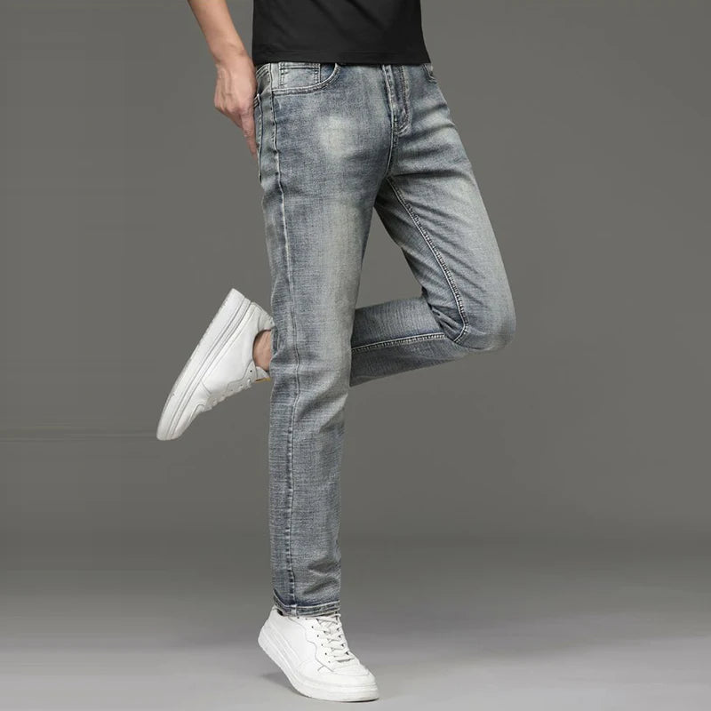 Jeans Uomo Slim Fit Vintage Di Fascia Alta In Denim Pesante Caldo Pantaloni Grigi Casual Versatili Dritti Quotidiani
