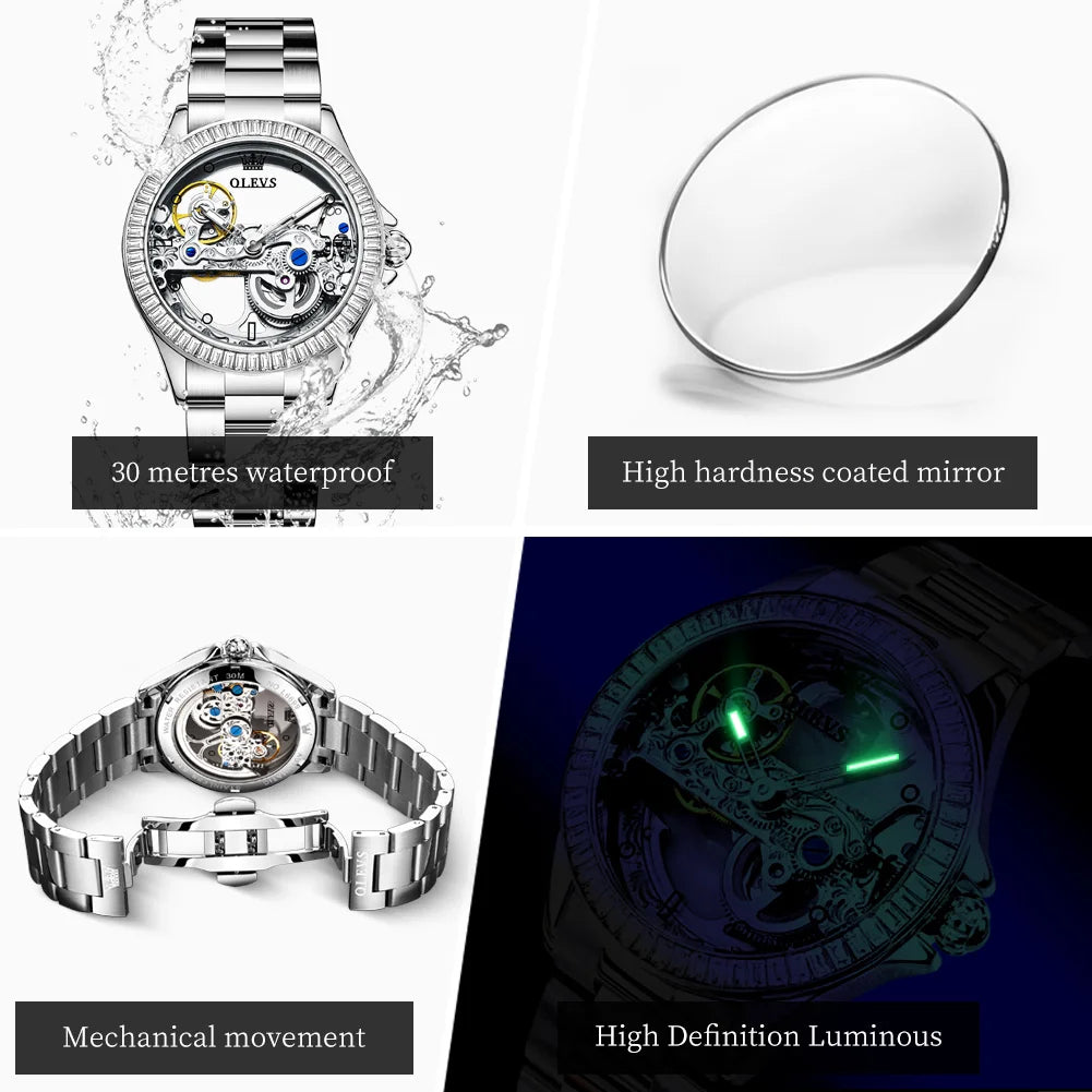 OLEVS 6699 Orologio Meccanico Da Donna Con Lunetta Diamanti Lusso Automatico Di Marca