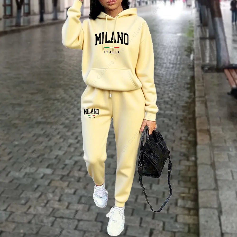 Tuta Da Donna 2 Pezzi Autunno Inverno Set Con Cappuccio Pantaloni Stampa Lettera Milano Estetica Sportiva