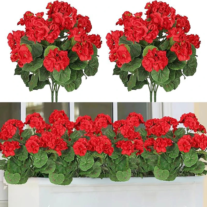 Geraniumi Artificiali 14 Pollici Fiori Rossi Bouquet di Seta Cespugli per Fioriere Portico Patio Casa Decorazione