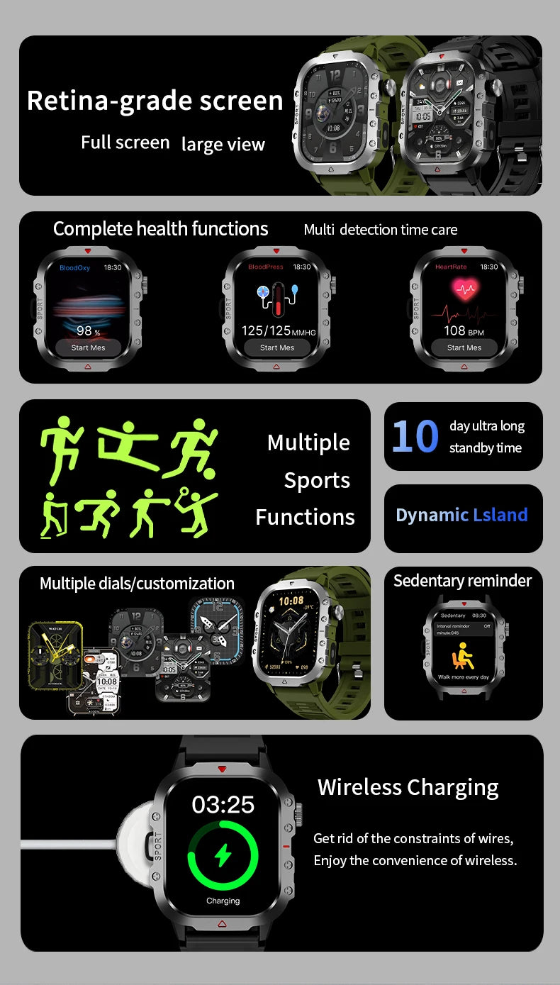 LAXASFIT Orologio Militare Da Uomo Smartwatch Con Schermo Touch HD Da 2.01 Pollici Chiamata Vocale Bluetooth
