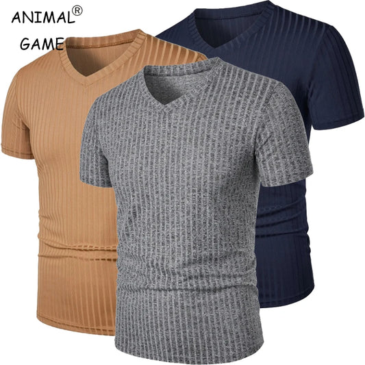 T-shirt muscolari a maniche corte da uomo estive T-shirt elasticizzate con scollo a V Bodybuilding Leggere Streetwear T-shirt da allenamento Camicia a costine