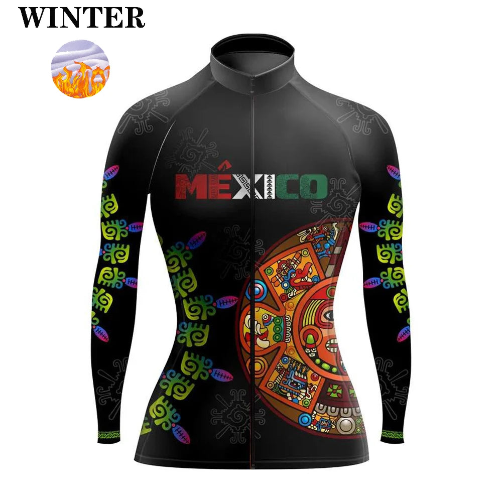 Maglia Ciclismo Da Donna A Maniche Lunghe Stile Messico Primavera Autunno Inverno Con Fodera In Pile Leggera E Calda