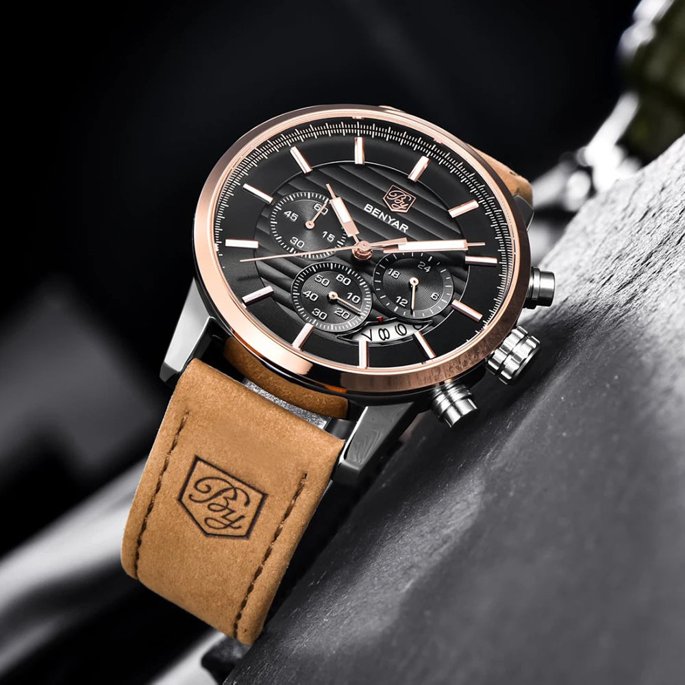 Orologio Da Uomo BENYAR Al Quarzo In Pelle Impermeabile Multifunzione Cronografo calendario Resistente Agli Urti