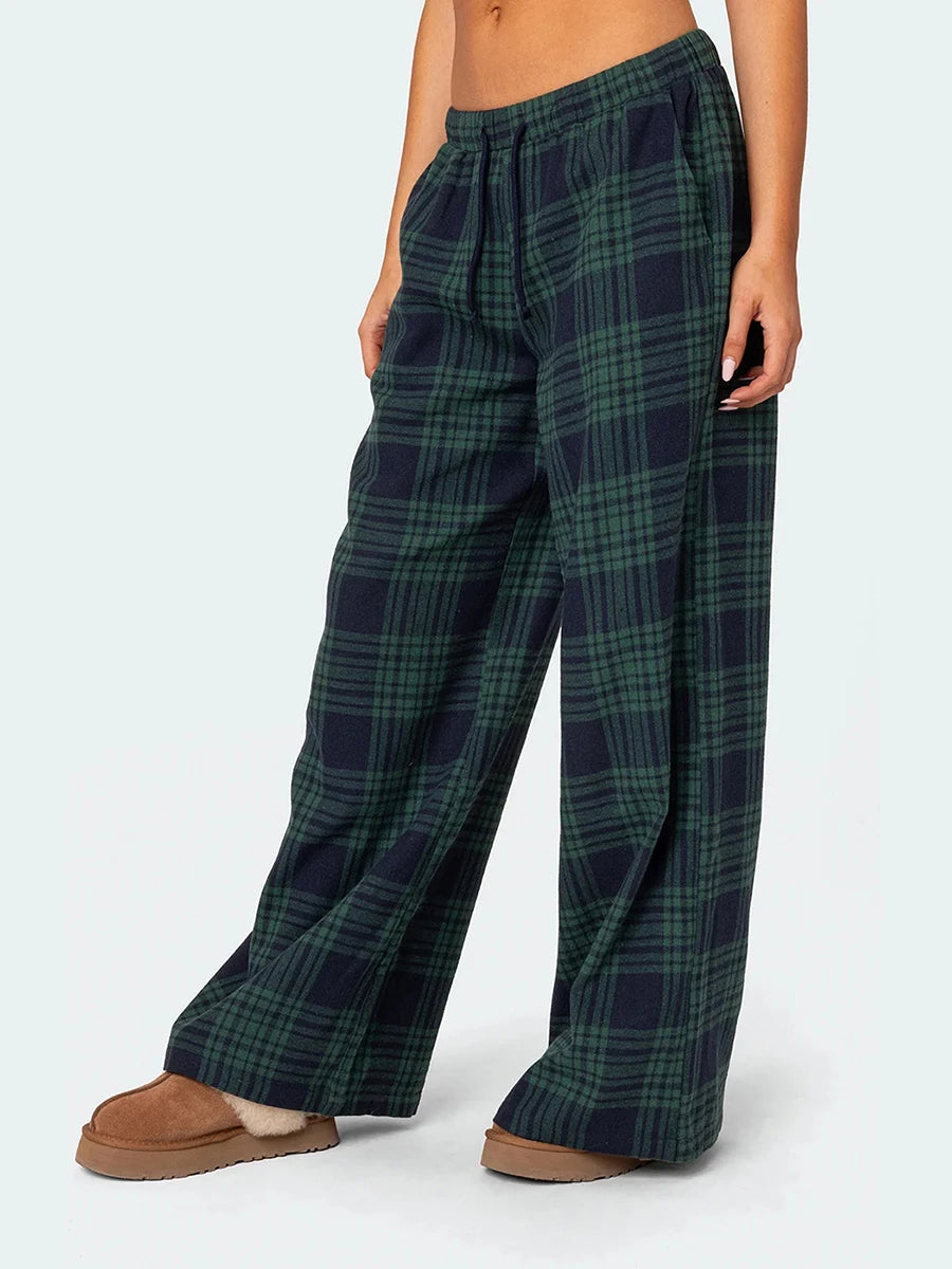 Pantaloni Oversize da Donna Y2K da Salotto Casual Quadri di Moda Elastici Vita Alta con Tasche Pigiama Homewear