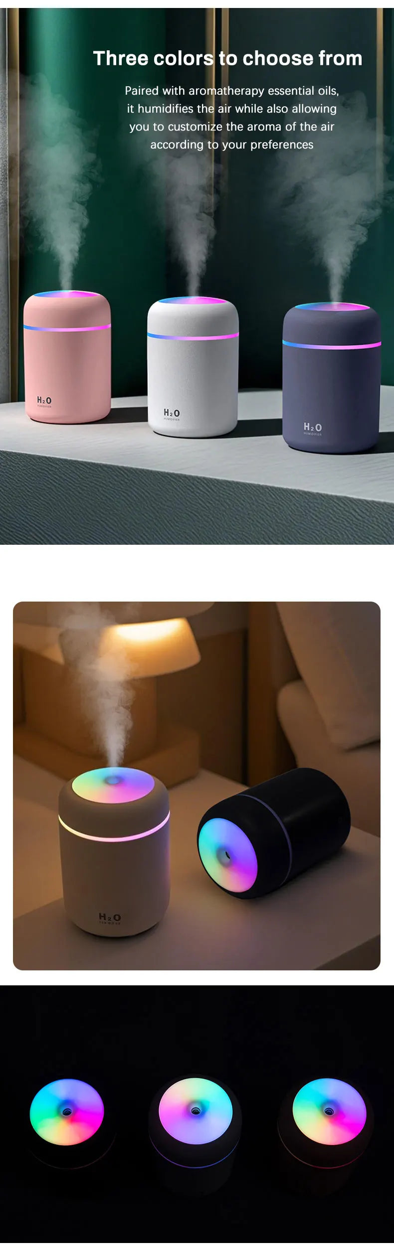Diffusore Aromaterapia Umidificatore Purificatore D'Aria 300ml Luce a Sette Colori Olio Essenziale per Uso Domestico