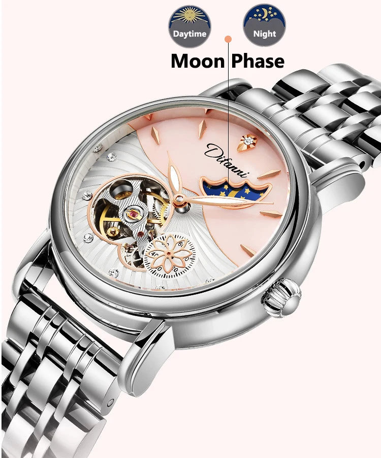 Orologio Da Donna Automatico Impermeabile Con Fasi Lunari E Fiori Girevoli Lusso Di Marca Pregiata