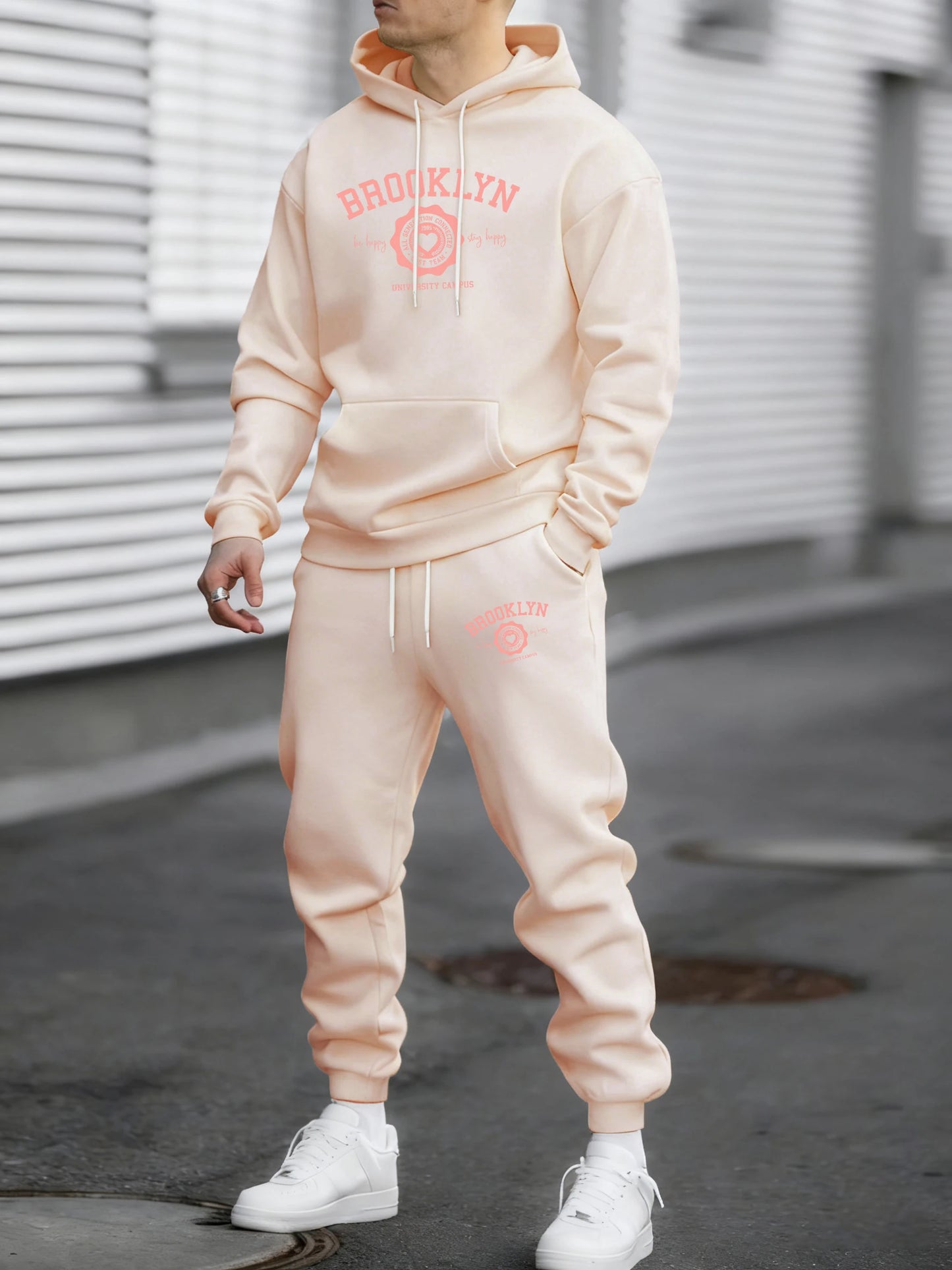 Felpa Con Cappuccio Uomo Heart Print Brooklyn Best Team Autunno Hip Hop Morbido Pile Pantaloni Semplici Sportivi