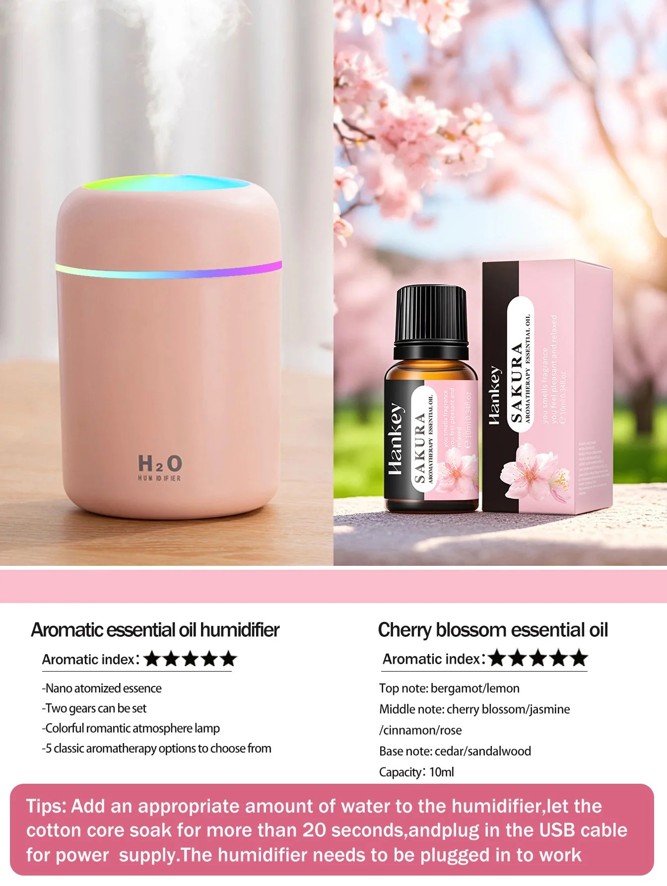 Diffusore Aromaterapia Umidificatore Purificatore D'Aria 300ml Luce a Sette Colori Olio Essenziale per Uso Domestico